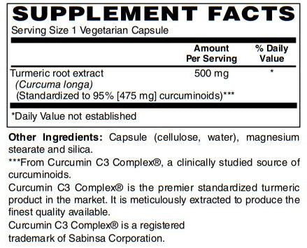 Standardized Turmeric Curcumin C3 Complex® Extract 500 Mg - Promotes Joint Health, Heart Health, Brain Health, & Immune Response 120-Vegcaps