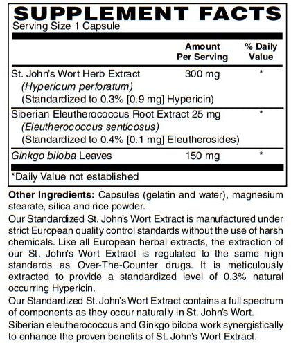 St. John’s Wort Extract 300mg -Plus Siberian Eleuthero & Ginkgo Biloba 60-Caps - Brain Supplement for Focus, Energy, Memory & Clarity - Mental Performance Nootropic - Supports Brain Function