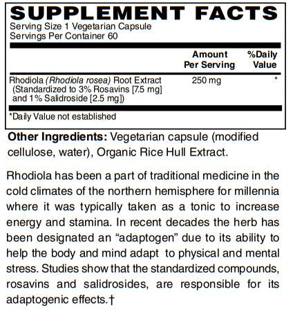 Rhodiola Rosea Extract Adaptogen - Supports Improved Energy, Brain Function & Stress Relief. Promotes an Elevated Mood due to Anxiety or Stress 60-Caps