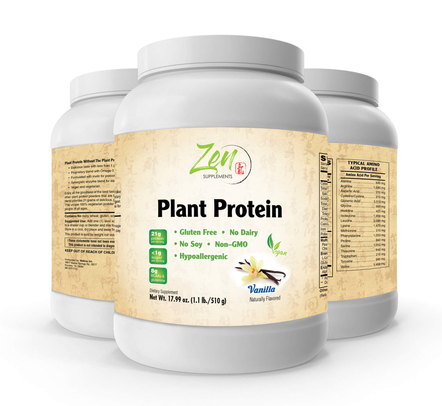 Plant Protein-Vanilla 510G 1.1LB-Powder- 25 Grams of Protein Per Serving -Vegan, Low Net Carbs, Non Dairy, Gluten Free, Lactose Free, No Sugar Added, Soy Free, Kosher, Non-GMO