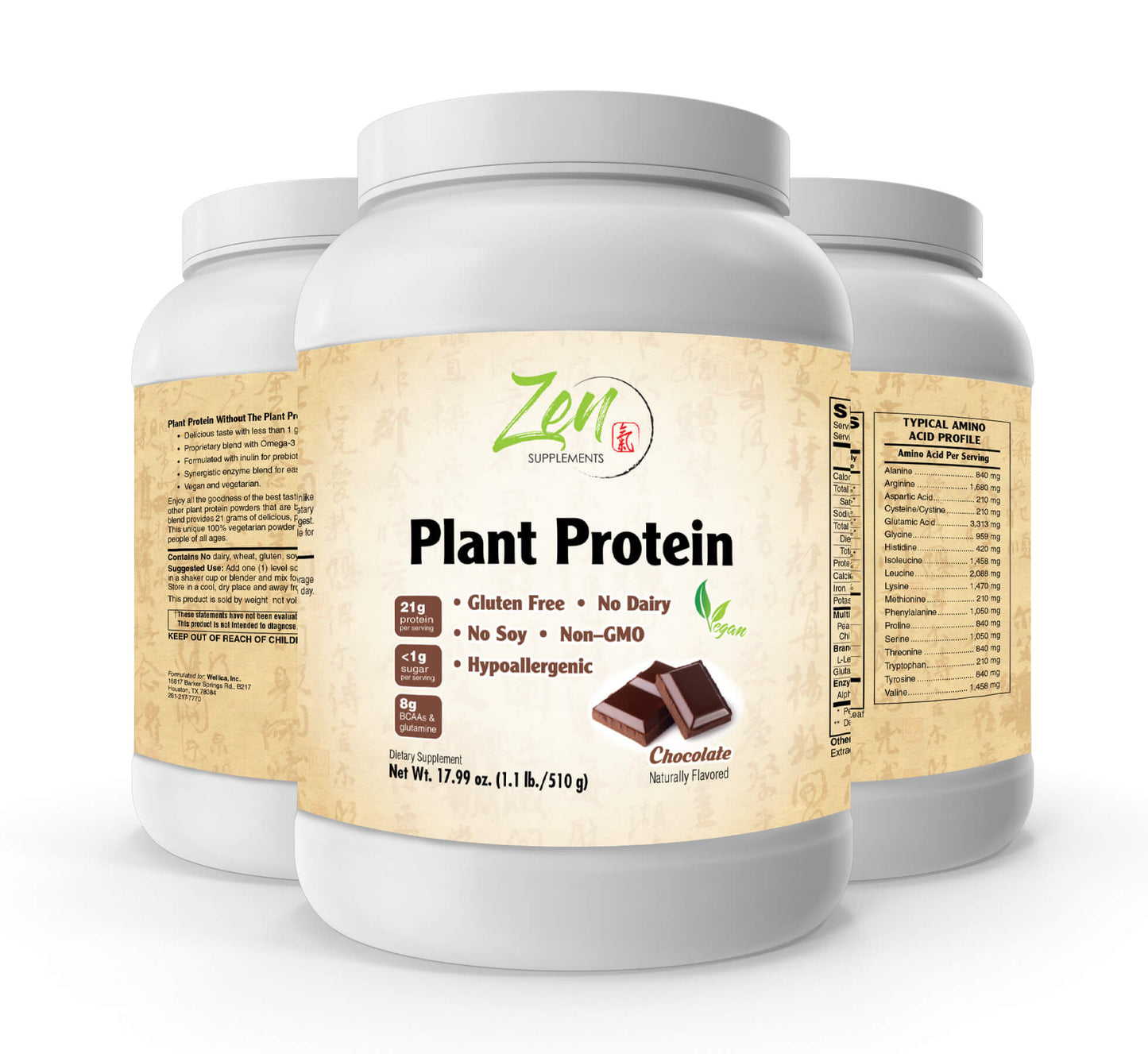 Plant Protein-Chocolate 510G 1.1LB -Powder - 23 Grams of Protein Per Serving -Vegan, Low Net Carbs, Non Dairy, Gluten Free, Lactose Free, No Sugar Added, Soy Free, Kosher, Non-GMO