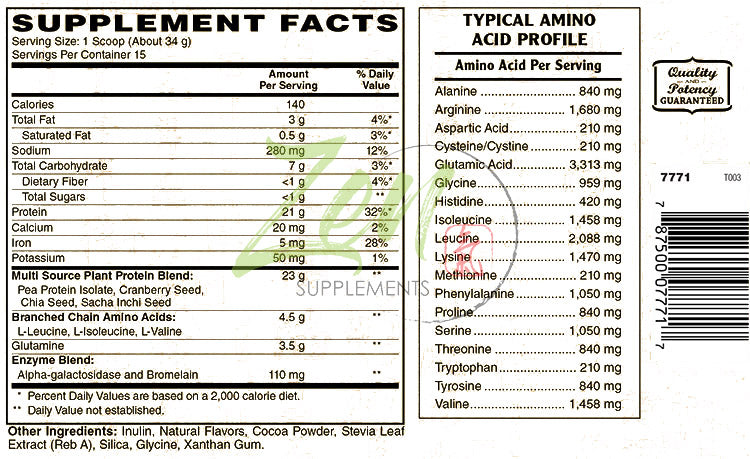 Plant Protein-Chocolate 510G 1.1LB -Powder - 23 Grams of Protein Per Serving -Vegan, Low Net Carbs, Non Dairy, Gluten Free, Lactose Free, No Sugar Added, Soy Free, Kosher, Non-GMO