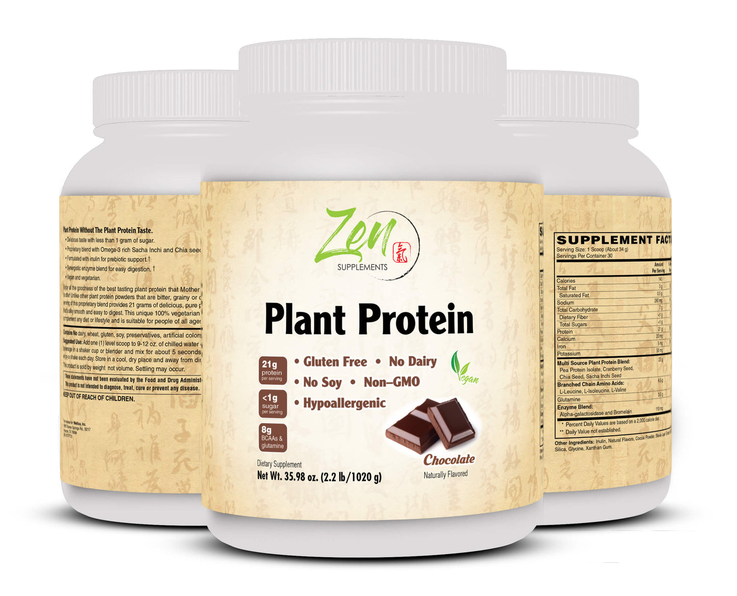 Plant Protein-Chocolate 1020G 2.2LB-Powder - 23 Grams of Protein Per Serving -Vegan, Low Net Carbs, Non Dairy, Gluten Free, Lactose Free, No Sugar Added, Soy Free, Kosher, Non-GMO