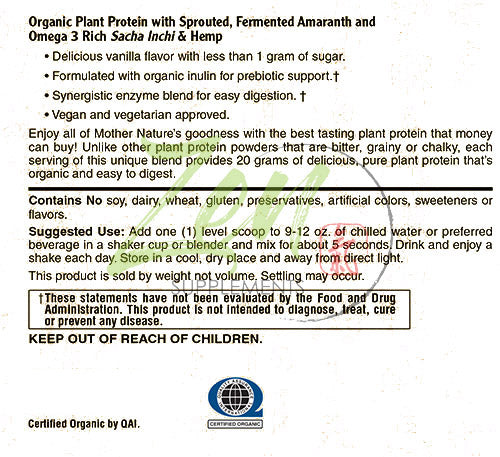 Organic Plant Protein Vanilla 1 LB-Powder - 25.5g of Organic Protein per Serving - Certified Non-GMO, Gluten Free and Vegan-friendly Organic Protein Powder.