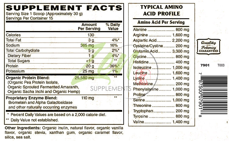 Organic Plant Protein Vanilla 1 LB-Powder - 25.5g of Organic Protein per Serving - Certified Non-GMO, Gluten Free and Vegan-friendly Organic Protein Powder.