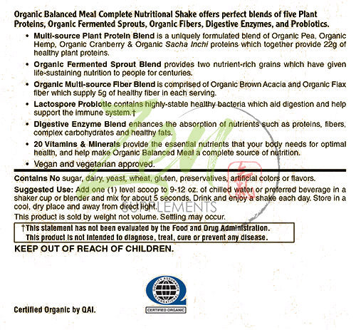 Organic Plant Based Protein Balanced Meal, Vanilla Flavored - with 22g Protein, Plus Vitamins & Nutrients - Certified Non-GMO, Gluten Free and Vegan-friendly Organic Protein Powder. Vanilla 14.8 Oz-Powder