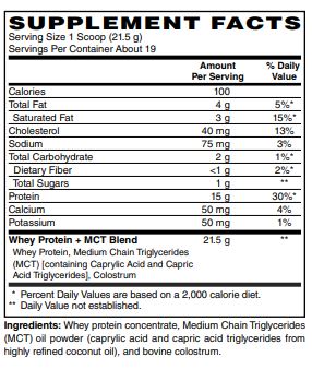 Whey Protein + MCT Powder & 15g Protein per serving - Keto Protein with 2g Net Carbs – Low Carb Meal Replacement Food 409g-Powder