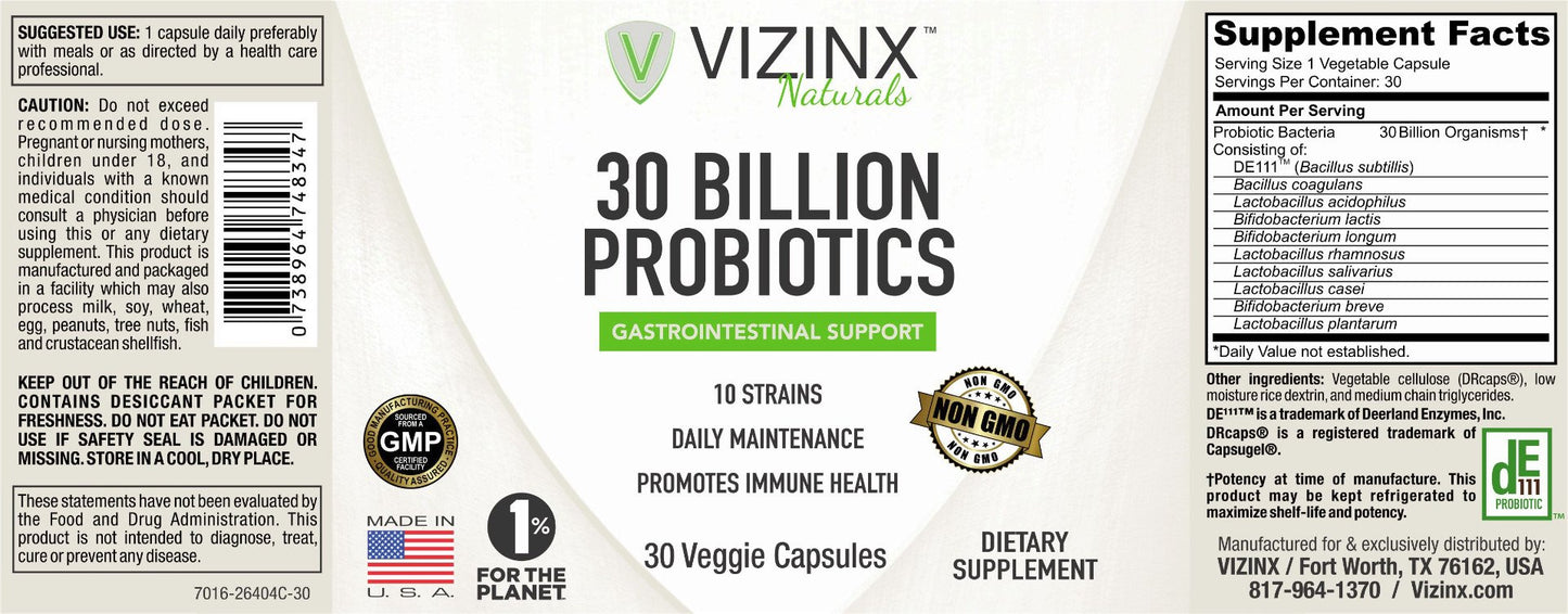 Vizinx 30 Billion Probiotics - 10 Probiotic Strains, Non GMO, 30 Vegetarian Capsules
