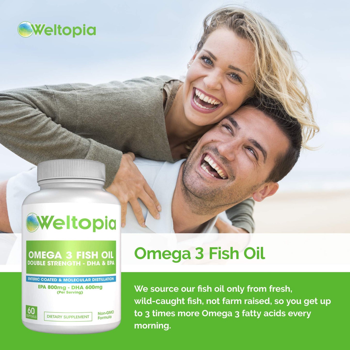 Omega 3 DHA EPA - Fish Oil -Advanced Strength, Burpless - Enteric Coated, Non-GMO, NSF-Certified, Wild Caught Fish