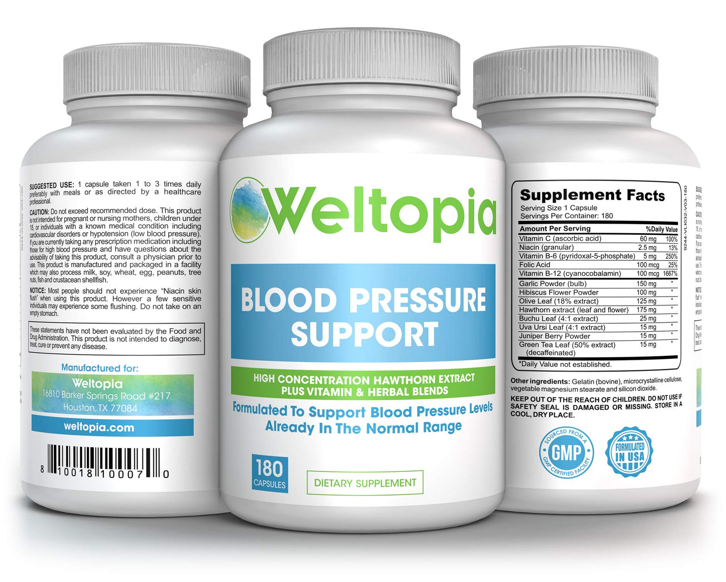 Advanced Blood Pressure Support - 180 Caps - High Concentration Hawthorne Extract, Plus Vitamins, Olive Leaf, Garlic Extract & Hibiscus Supplement