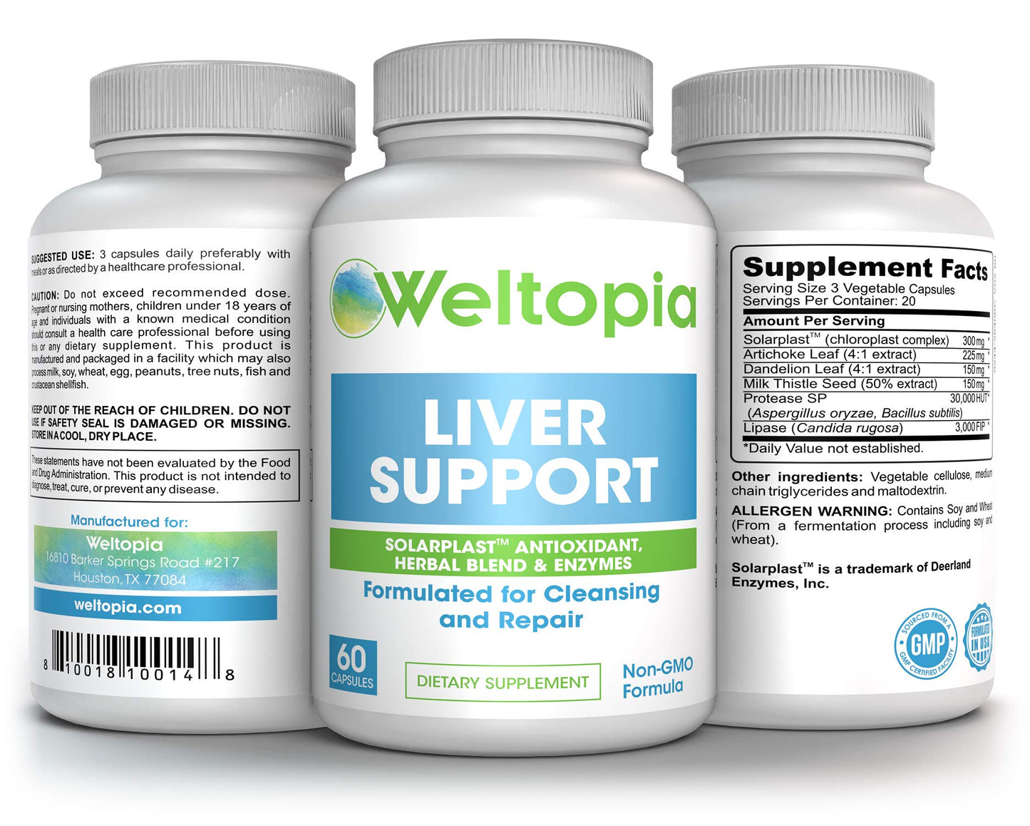 Liver Support for Cleanse, Detox & Regenerator - Solarplast antioxidant, Milk Thistle (Silymarin), Artichoke, Dandelion & Proteolytic Enzymes Supplement