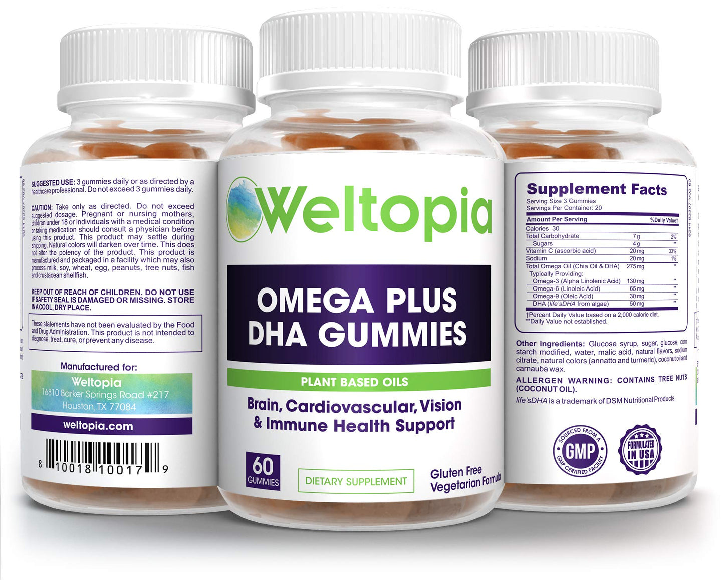 Premium Omega Plus DHA - 60 Gummies - Brain and Cardiovascular Support, Vision and Immune Health, Pure Plant Based Oils, Non-GMO Gummies