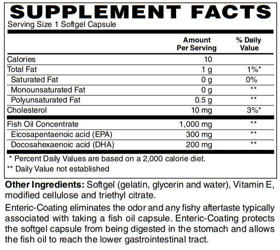 Super Omega-3 Enteric Coated 120-Softgel - Sustainably Sourced Concentrated Fish Oil, 1000 mg Omega-3 per Softgel, Enteric Coated to be Odorless & Burp-Free - Contains 300 mg EPA & 200 mg DHA per Softgel