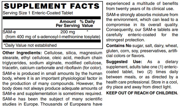 SAM-E 200 Mg - Promotes Positive Mood & Brain Function and Joint Comfort & Strength. (S-Adenosyl-L-Methionine) Nervous System Support 30-Tabs