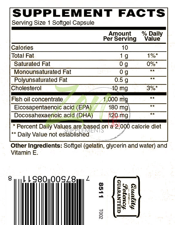 Omega-3 1000 Mg 100-Softgel - Wild Caught and Sustainably Sourced Omega-3 Burpless Fish Oil Supplement with 100Mg DHA & 180Mg EPA per Capsule - Supports Heart Health, Brain Development and General Wellness