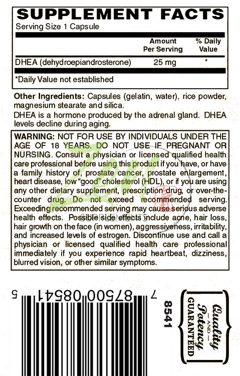 DHEA 25 Mg 60-Caps - Supports Energy Level, Metabolism, Endurance & Stamina - Promotes Healthy Aging & Mood