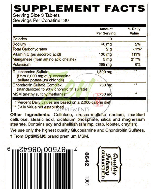 Glucosamine Chondroitin MSM - Supports Healthy Joint Structure, Mobility Function & Comfort (Shellfish Free) 90-Tabs