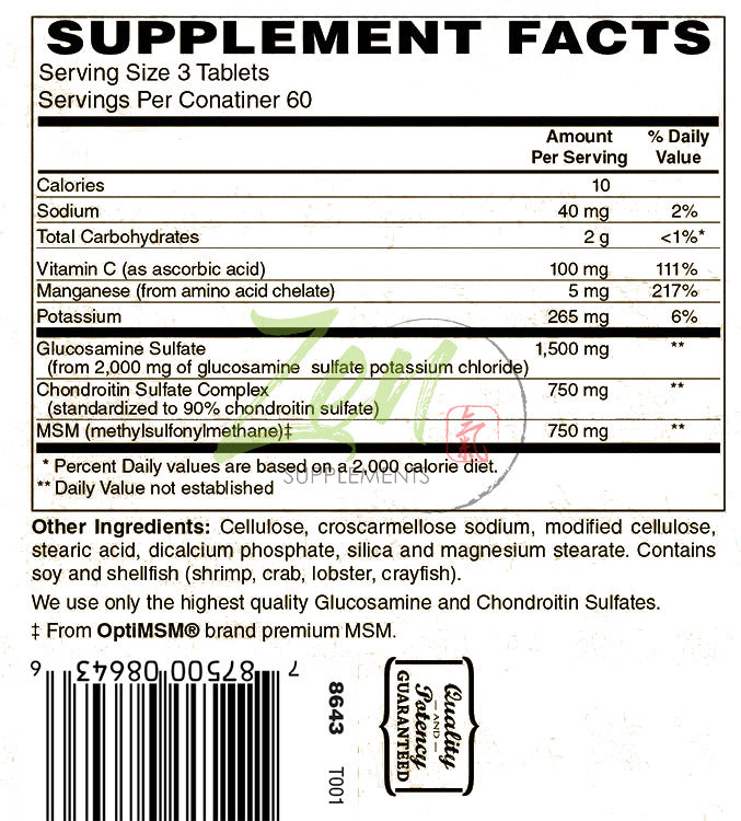 Glucosamine Chondroitin MSM - Supports Healthy Joint Structure, Mobility Function & Comfort (Shellfish Free) 180-Tabs