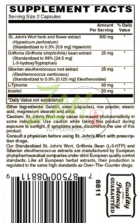 Mood Support with St. John's Wort, Siberian Eleuthero, L-tyrosine & 5HTP - Supports a Healthy Nervous System & Positive Mood 60-Caps