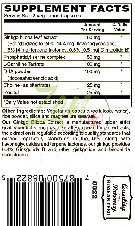 Brain Support w/ Ginkgo Biloba, Phosphatidylserine, DHA & L-Carnitine 60-Vegcaps