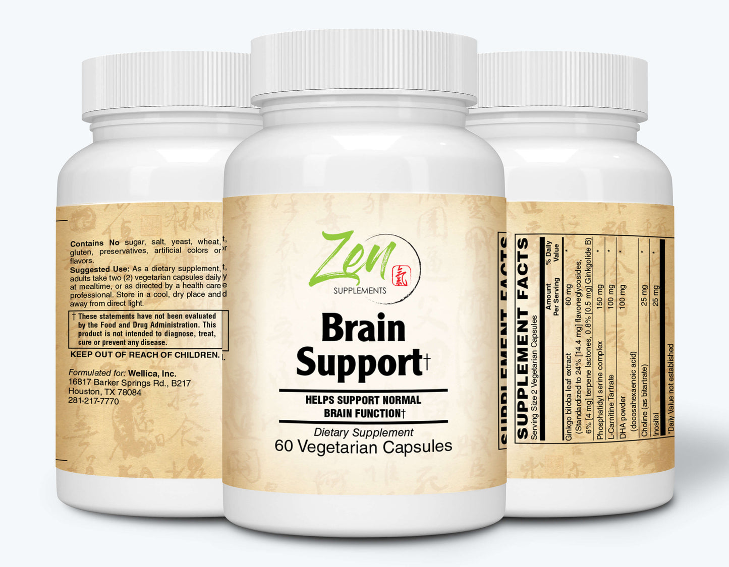 Brain Support w/ Ginkgo Biloba, Phosphatidylserine, DHA & L-Carnitine 60-Vegcaps