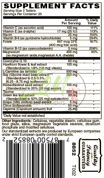 Cardio Support Plus Antioxidants, L-Carnitine, L-Taurine, with Coenzyme Q10, Hawthorn, Horsechestnut, Cayenne, Grape Seed and Vitamin E, Promotes a Healthy Heart 60-Tabs