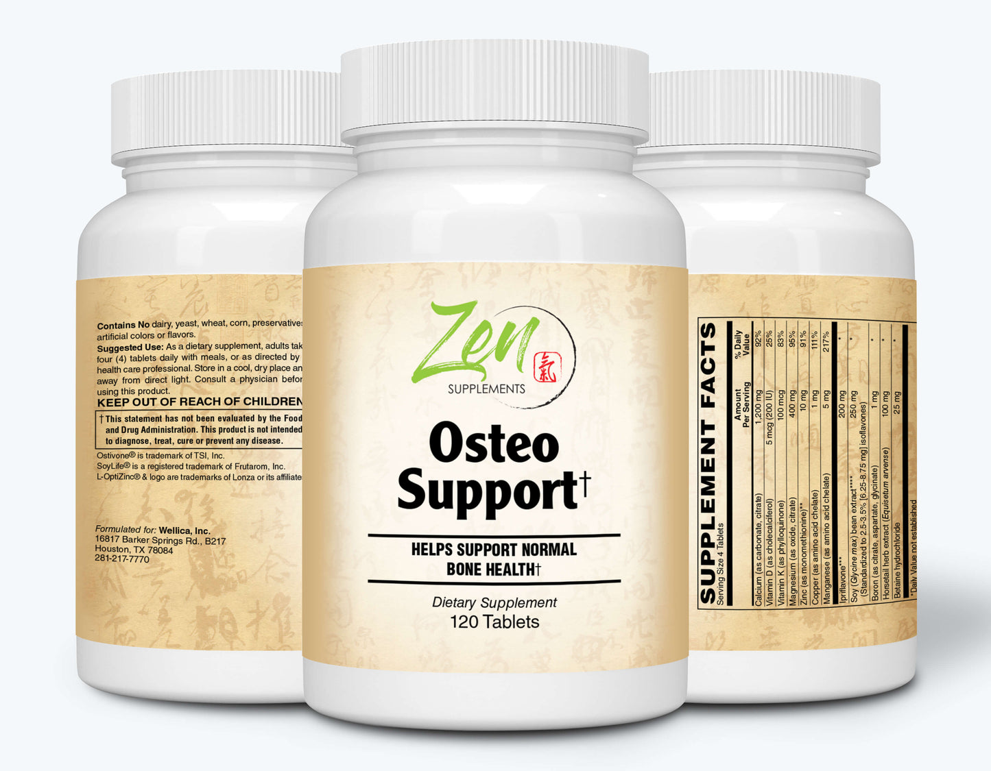 Osteo Support with Calcium 1200 mg, Ostivone™ 200 mg, Soy Isoflavones 250 mg, plus Minerals and Herbs 120-Tabs