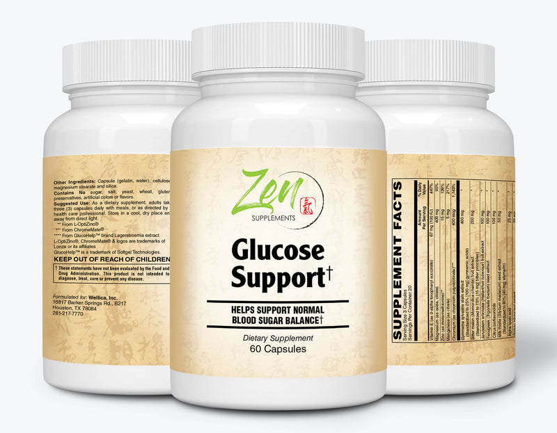 Zen Supplements - Glucose Support with ChromeMate®, GlucoHelp®, Vanadyl, & Herbs: Ginkgo Biloba, Bilberry, Gymnema, Milk Thistle, Artichoke & Fenugreek 60-Caps