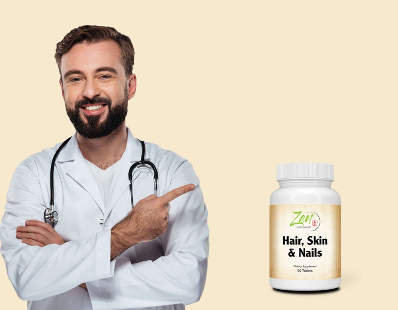 Zen Supplements - Hair, Skin & Nails Formula contains Biotin, Zinc, MSM, Antioxidant Vitamins C and E, Selenium, Silicon all support for Healthy Hair, Clear Skin and Strong Nails 90-Tabs