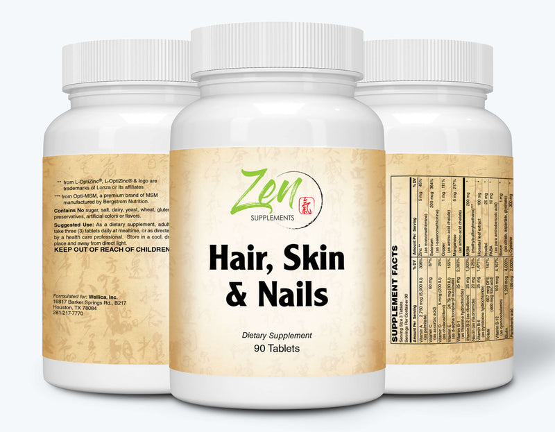 Zen Supplements - Hair, Skin & Nails Formula contains Biotin, Zinc, MSM, Antioxidant Vitamins C and E, Selenium, Silicon all support for Healthy Hair, Clear Skin and Strong Nails 90-Tabs