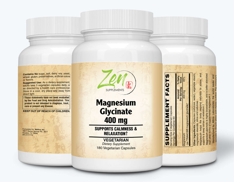 Zen Supplements - Magnesium Glycinate 400Mg - Promotes Calmness & Sleep Quality, Support for Muscle Cramps & Soreness, Heart & Blood Pressure Functions & Blood Sugar Balance 180-Vegcaps