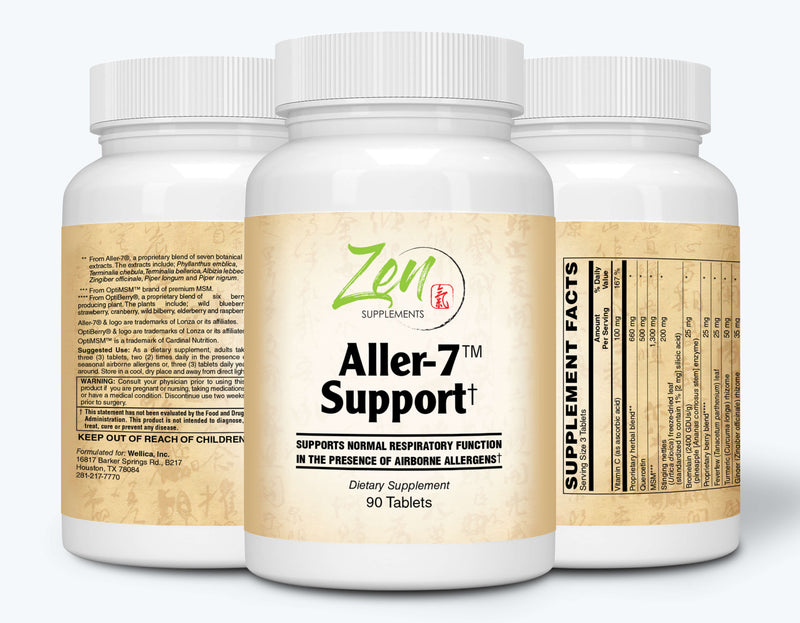 Zen Supplements - Aller-7 Support (blend of seven standardized Ayruvedic herbs) with OptiMSM™, OptiBerry™, Quercetin, Stinging Nettles, and Bromelain 90-Tabs