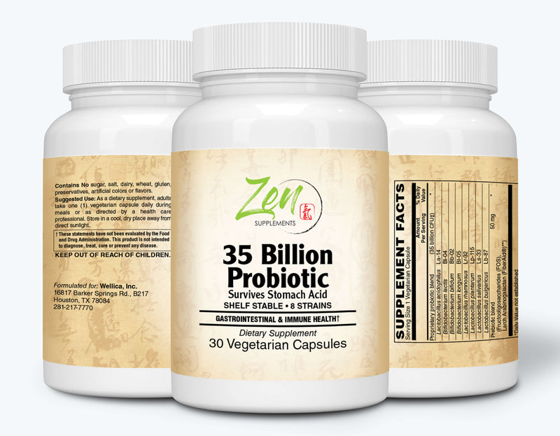 Zen Supplements - 35 Billion Probiotic - 35 Billion CFU with 8 Strains 30-Vegcaps - Sustained Release Technology, Resist Stomach Acid, Shelf Stable - Support for Healthy Digestion & Intestinal Ecology Favorable Intestinal Flora