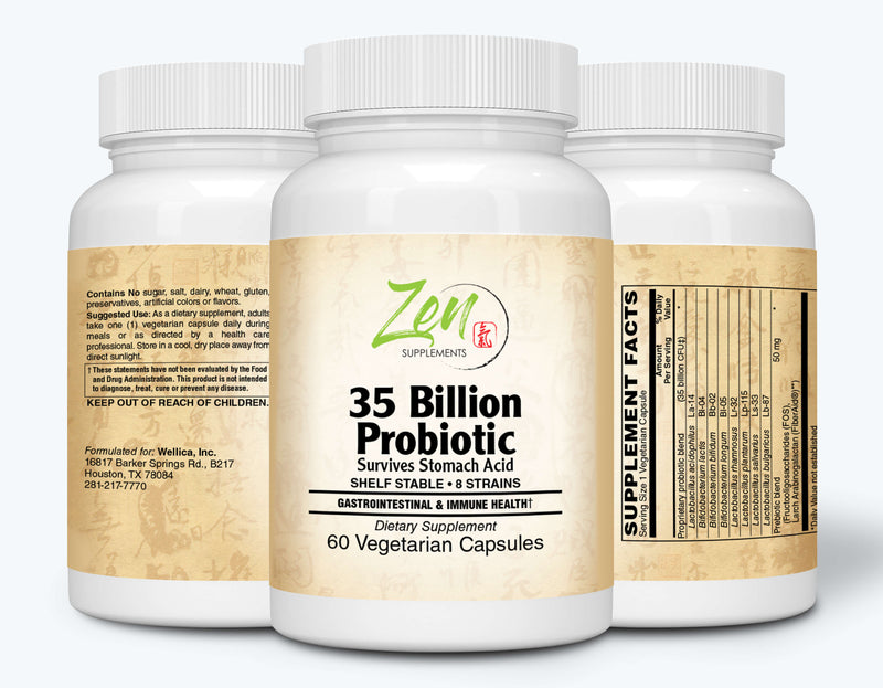 Zen Supplements - 35 Billion Probiotic 35 Billion CFU with 8 Strains 60-Vegcaps - Sustained Release Technology, Resist Stomach Acid, Shelf Stable - Support for Healthy Digestion & Intestinal Ecology Favorable Intestinal Flora