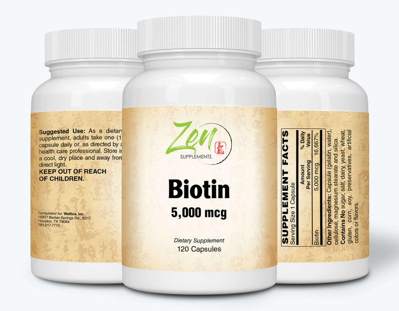 Zen Supplements - Biotin 5000 Mcg 120-Caps - Supports Healthy Hair, Skin & Nails in Individuals w/ Biotin Deficiency - May Provide for Support Hair Growth