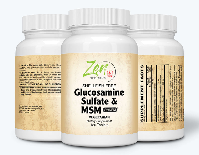 Zen Supplements - Glucosamine & MSM 500 Mg (Each) - Supports Healthy Joint Structure, Mobility Function & Comfort (Shellfish Free) 120-Tabs