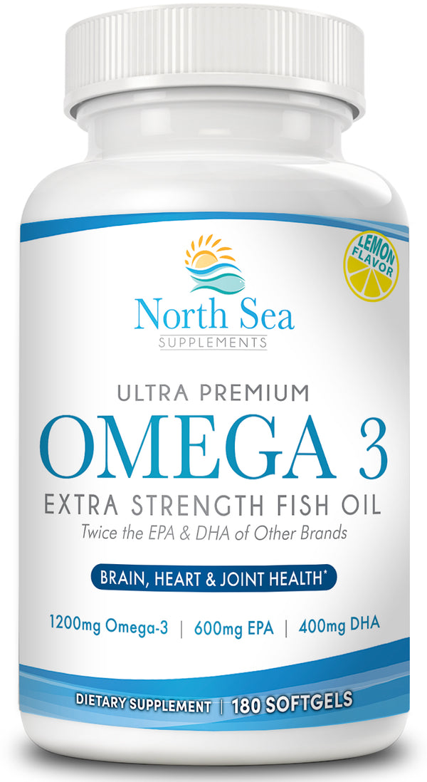 North Sea Supplements Ultra Premium Omega-3 Extra Strength Fish Oil 180 Softgel - The Ultimate Quality Ultra Premium Burpless Omega-3 -  Supports Skin & Joint, Cardio & Heart Health, Joint Health, Brain Health & Positive Mood