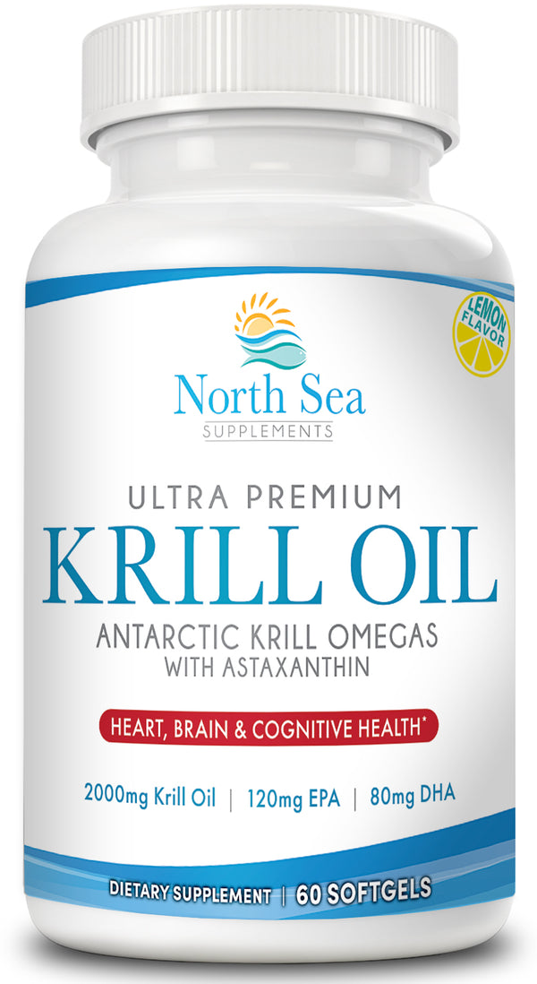 North Sea Supplements Ultra Premium Antarctic Krill Oil - 60 Softgel - Omega-3 with EPA & DHA plus 800mg Astaxanthin - Support for Joint and Brain Health - No Fishy After Taste & Easy to Swallow