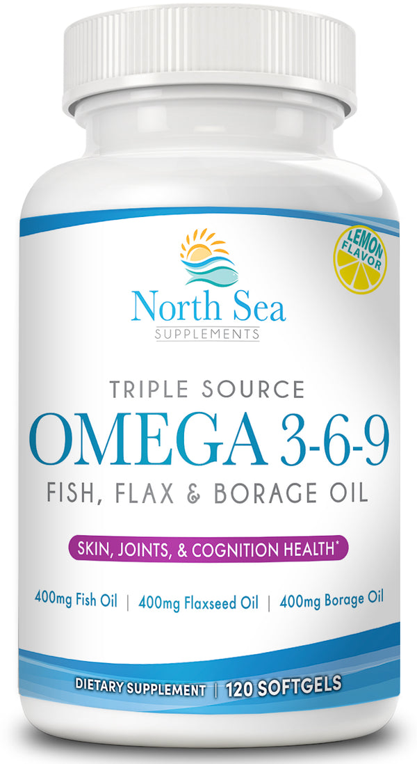 North Sea Supplements Triple Source Omega 3-6-9 120 Softgel - Support for Heart, Joint & Skin Health - Includes Flaxseed OIl & Borage Oil - Contains EPA & DHA - Omega 3 Fatty Acids