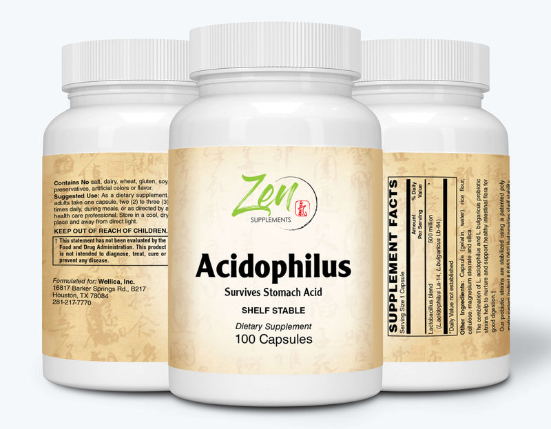 Zen Supplements - Acidophilus 500 Million CFU and 4 Strains, Shelf Stable 100-Caps - Supports the alleviation of occasional Gas and Constipation plus Symptoms of Lactose Intolerance