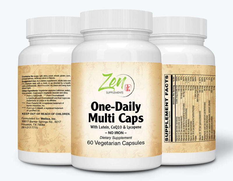 Zen Supplements - One Daily Multi-Vitamin Caps (Iron Free) 60-Vegcaps - Hi-potency multivitamin with Lutein, Lycopene and CoQ10 that Support Macular and Visual Function.