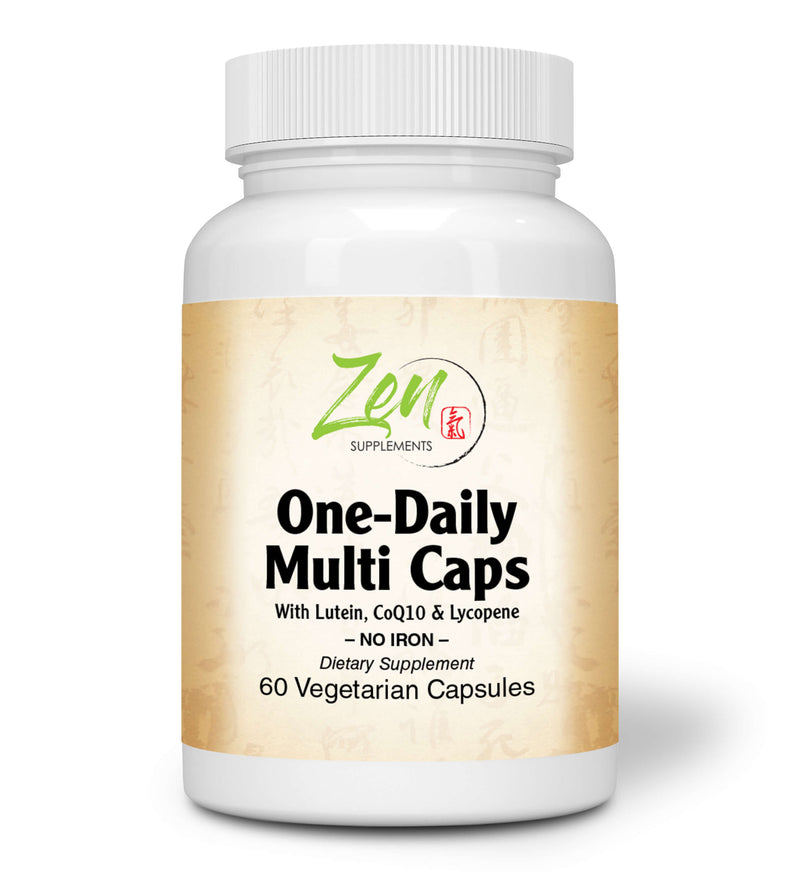 Zen Supplements - One Daily Multi-Vitamin Caps (Iron Free) 60-Vegcaps - Hi-potency multivitamin with Lutein, Lycopene and CoQ10 that Support Macular and Visual Function.