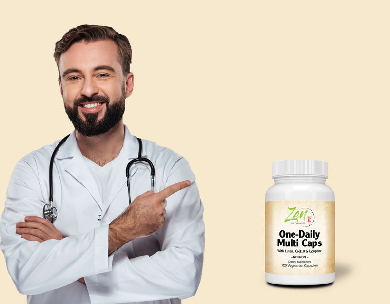 Zen Supplements - One Daily Multi-Vitamin Caps with Lutein, Lycopene and CoQ10 (Iron Free) 120-Vegcaps - Hi-potency multivitamin with Lutein, Lycopene and CoQ10 that Support Macular and Visual Function.