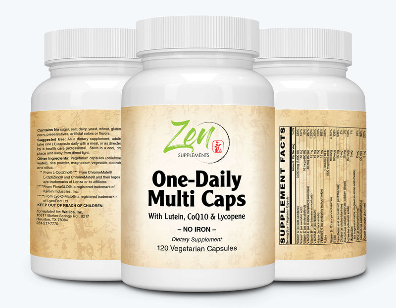 Zen Supplements - One Daily Multi-Vitamin Caps with Lutein, Lycopene and CoQ10 (Iron Free) 120-Vegcaps - Hi-potency multivitamin with Lutein, Lycopene and CoQ10 that Support Macular and Visual Function.