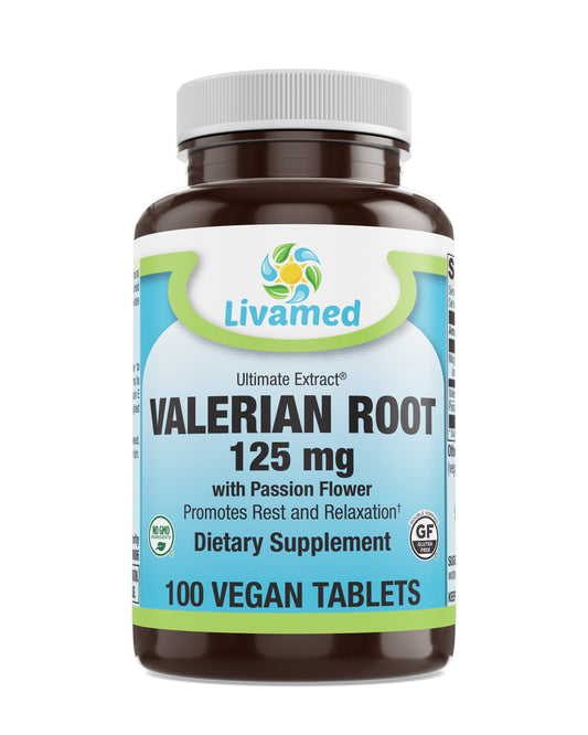 Valerian Root 125 mg with Passion Flower Veg Tabs 100 Count