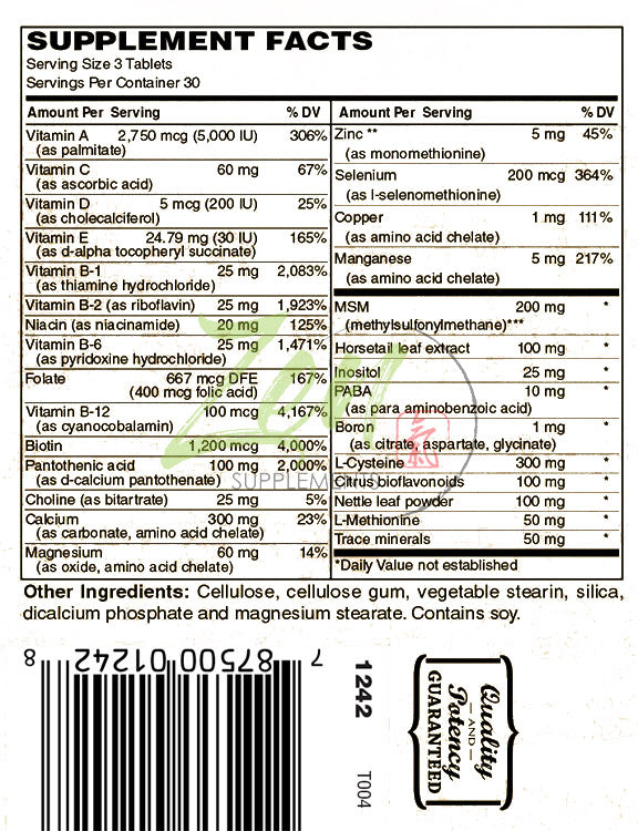 Hair, Skin & Nails Formula contains Biotin, Zinc, MSM, Antioxidant Vitamins C and E, Selenium, Silicon all support for Healthy Hair, Clear Skin and Strong Nails 90-Tabs
