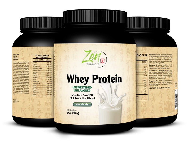 Zen Supplements - Organic Grass Fed Whey Protein 19g Per Serving Keto Friendly - Unflavored 32 Oz-Powder