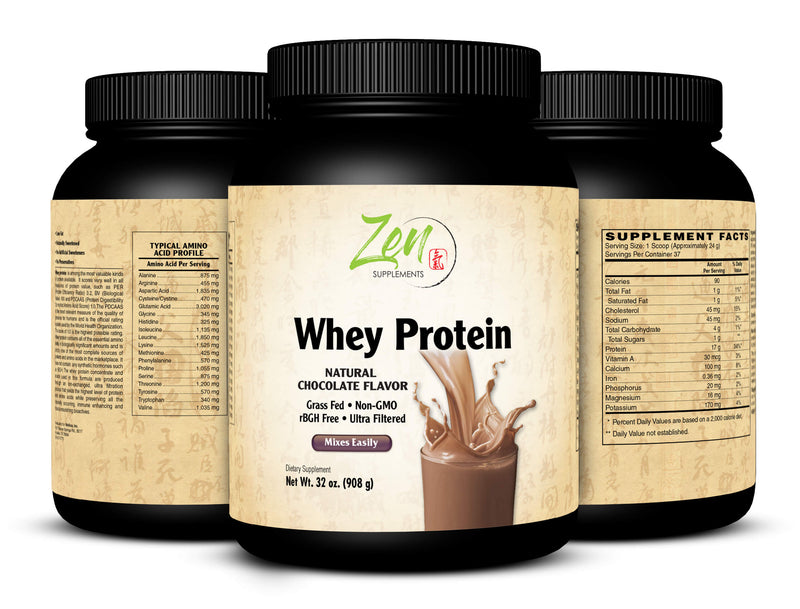 Zen Supplements - Organic Grass Fed Whey Protein 19g Per Serving Keto Friendly - Chocolate 32 Oz-Powder