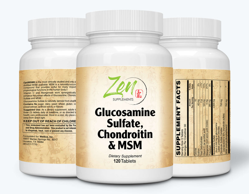 Zen Supplements - Glucosamine Sulfate, Chondroitin & MSM - Supports Healthy Joint Structure, Mobility Function & Comfort 120-Caps