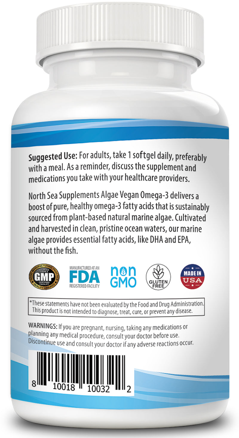 North Sea Supplements Vegan Algae Omega-3 60 Softgels - Plant Based Alternative to Fish Oil - Supports Heart, Brain, Joint Health - Sustainably Sourced Omega-3 from Algae - DHA & EPA Fatty Acids